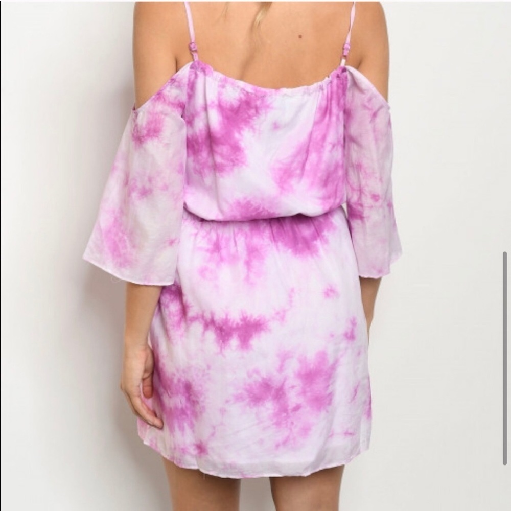 New! Clearance 🔥 Pink Cold Shoulder Tie Dye mid Elastic Dress - Picture 5 of 8